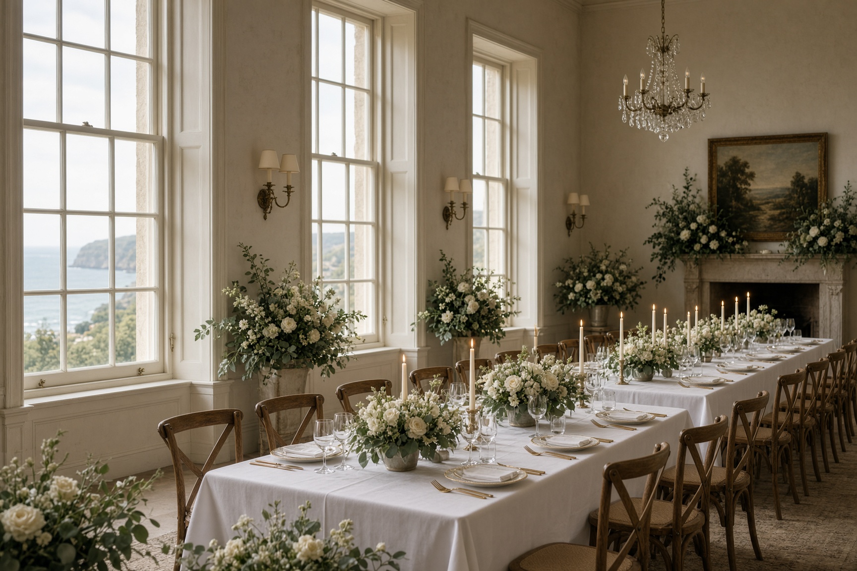 The hall dressed for a wedding breakfast